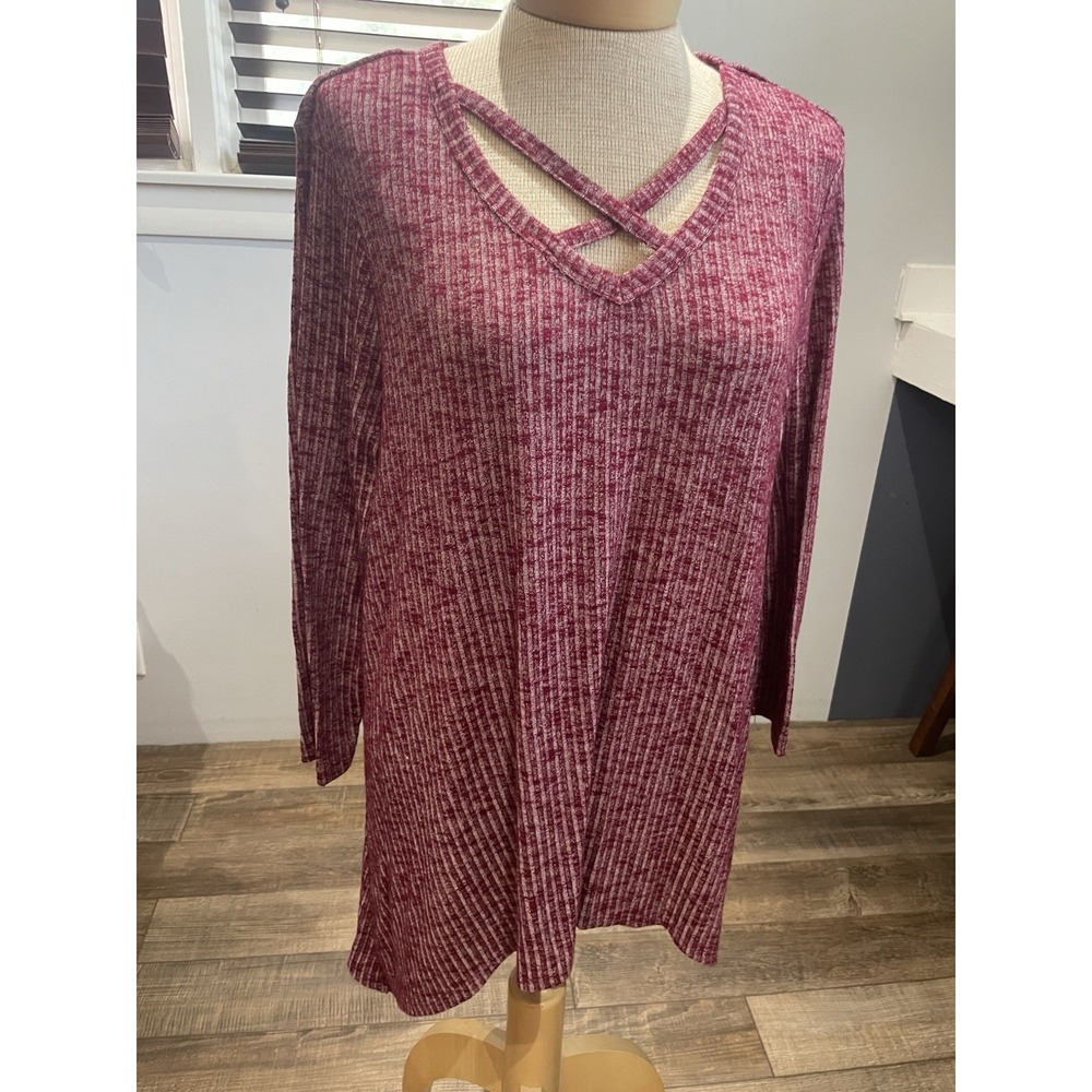 Absolutely Famous Heather Burgundy Criss Cross Neck Asymmetrical Side Tunic Top